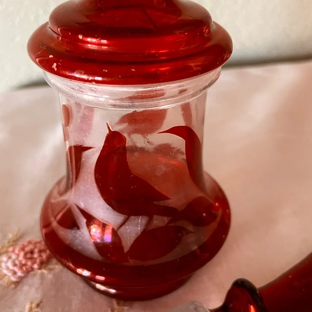 Vintage Ruby Red Decanter with Stopper Bohemian Style Glass Floral Etched Design